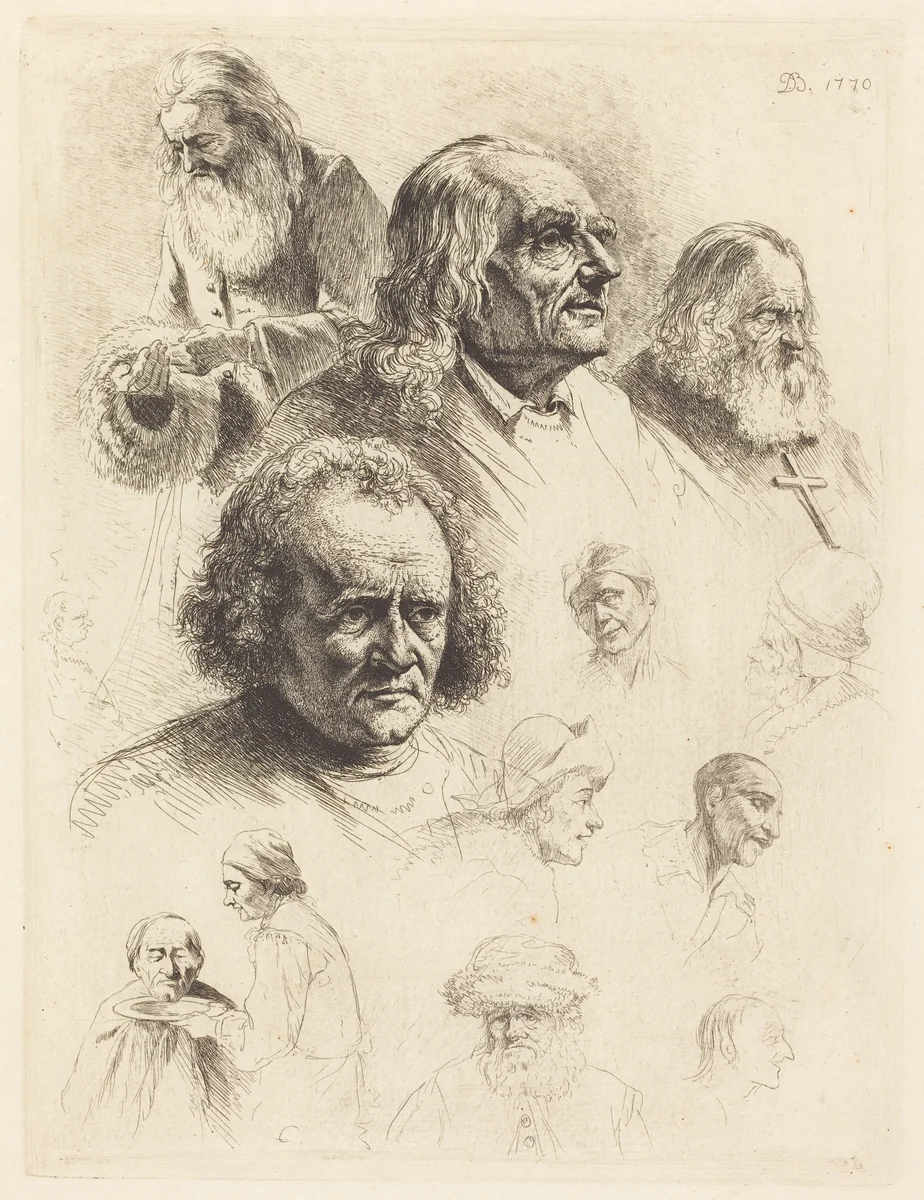 Thirteen Studies of Heads by Jean Jacques de Boissieu, print, 1770