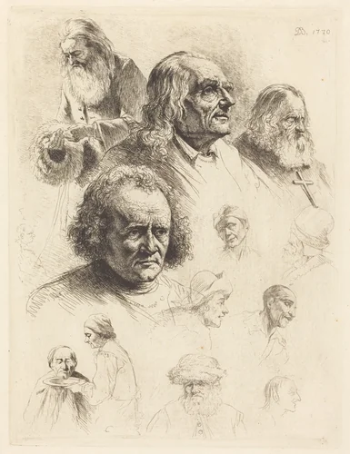 Thirteen Studies of Heads by Jean Jacques de Boissieu, print, 1770
