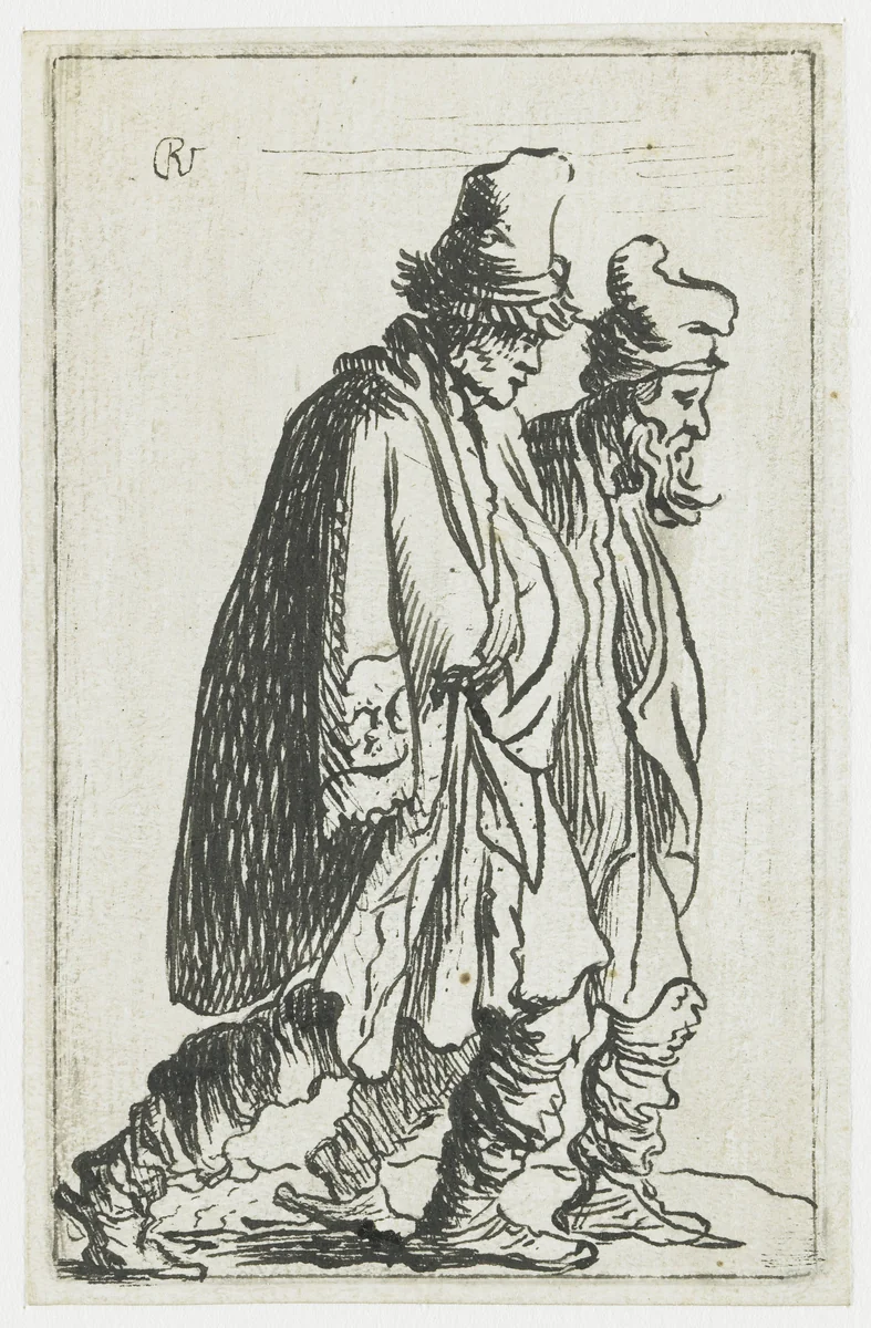 Two beggars tramping towards the right by anonymous, drawing, 1629-1633