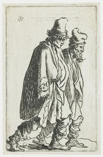 Two beggars tramping towards the right by anonymous, drawing, 1629-1633