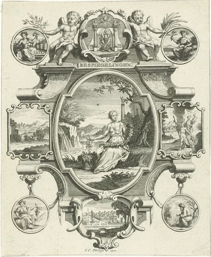 Cartouche met vrouw in landschap by Jan Caspar Philips, print, 1736-1775