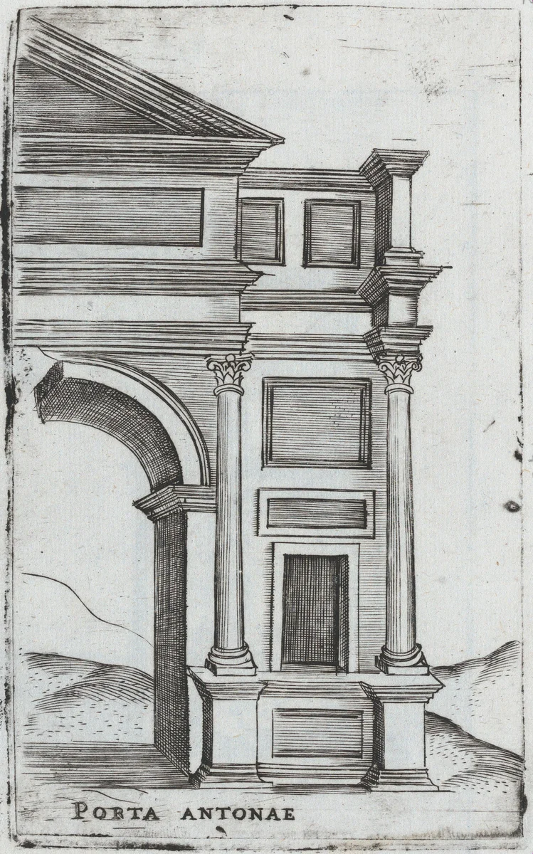 Palatium Maius Ro, from a Series of Prints depicting (reconstructed) Buildings from Roman Antiquity by Monogrammist G.A. with the Caltrop, book, 1530-1550