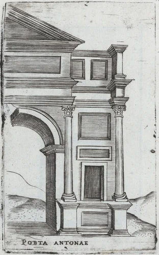 Palatium Maius Ro, from a Series of Prints depicting (reconstructed) Buildings from Roman Antiquity by Monogrammist G.A. with the Caltrop, book, 1530-1550