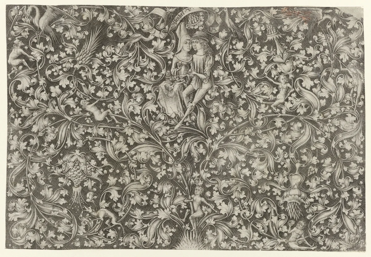 Foliate Ornament with an Amorous Couple by Unknown, print, 1490-1500