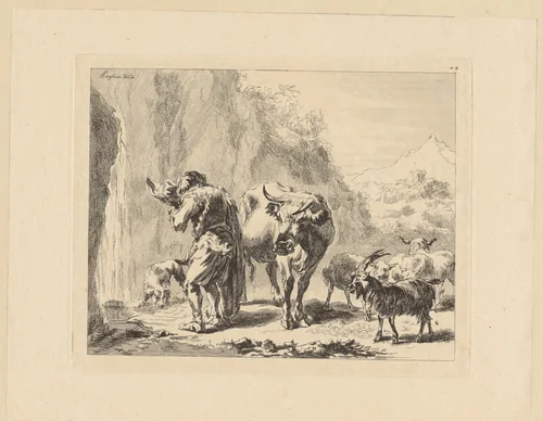 Herder drinkt uit zijn hoed bij een bron by François Vivares, print, 1719-1780