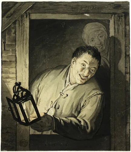 Man with Lantern in Doorway by Adriaen van Ostade, painting, 1630-1684