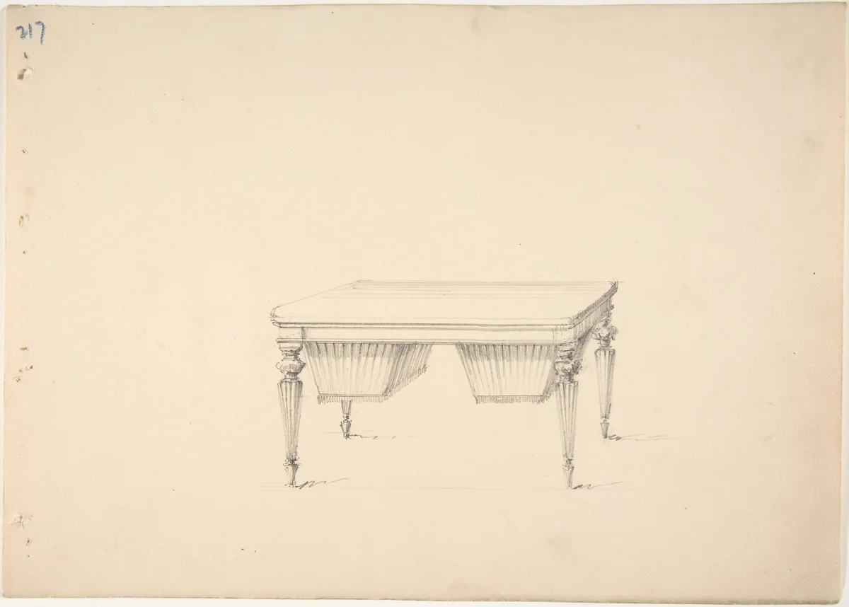 Design for a Worktable with Two Suspended Containers (Verso: Sketch for desk) by anonymous, drawing, 1800-1850
