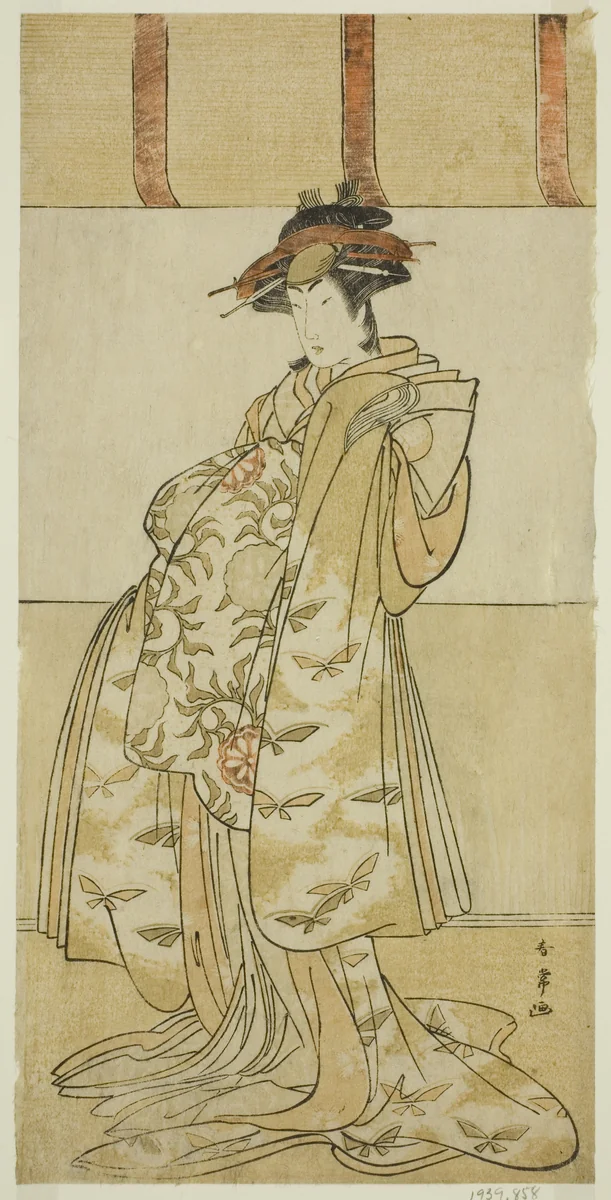 The Actor Yamashita Mangiku I as Kewaizaka no Shosho in the Play Nanakusa Yosooi Soga, Performed at the Nakamura Theater in the First Month, 1782 by Katsukawa Shunjo, print, 1777-1787