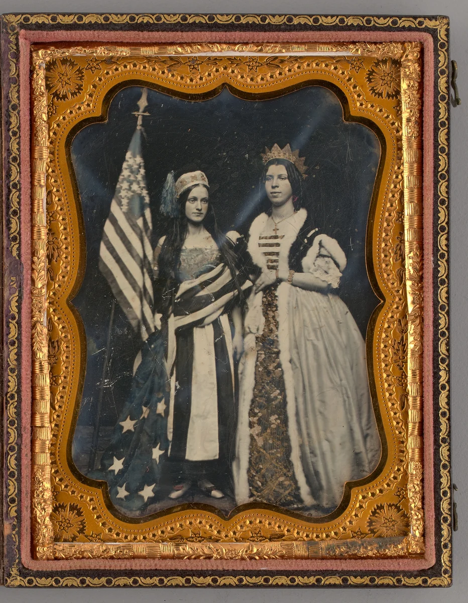 Untitled (Portrait of Two Standing Women Holding an American Flag) by Unknown maker, other, 1856