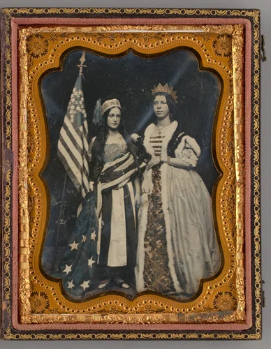 Untitled (Portrait of Two Standing Women Holding an American Flag) by Unknown maker, other, 1856