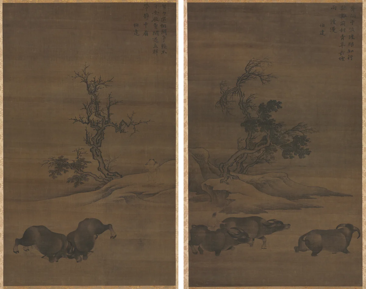 Herdboys and Buffalo in Landscapes by Guo Min, painting, 1250-1285