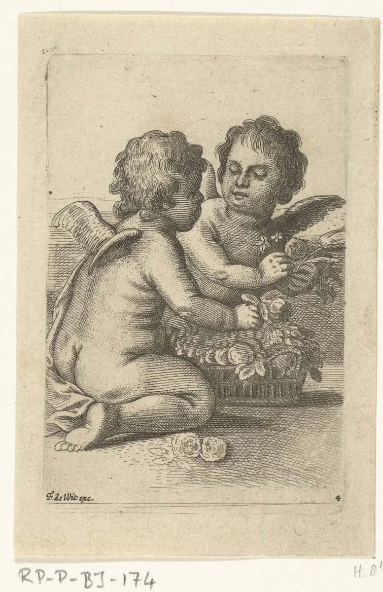 Twee engelen met bloemenmand by Pieter van Avont, print, 1630-1652