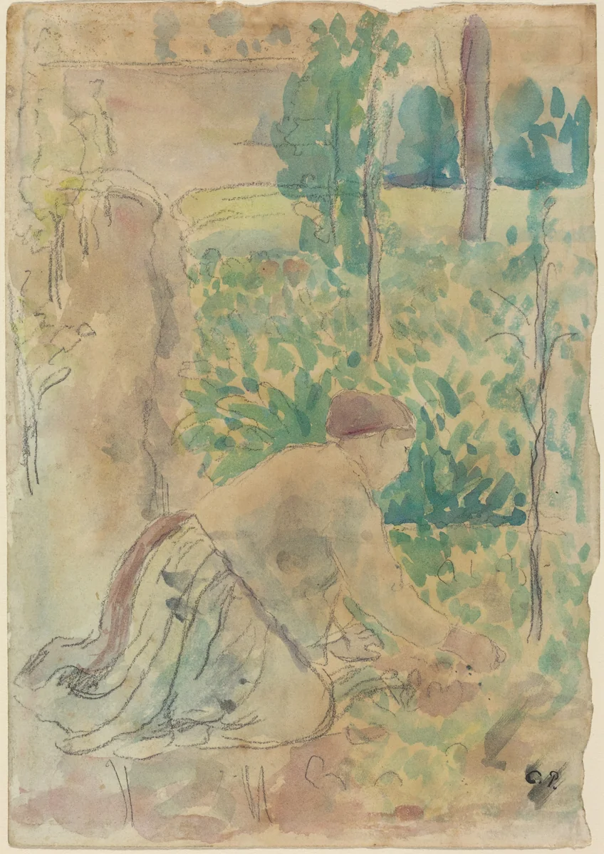 Woman Working in a Garden by Camille Pissarro, drawing, 1830-1903