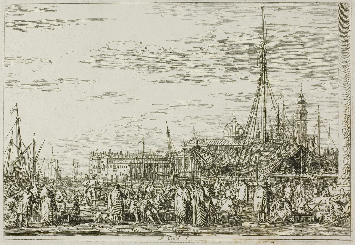The Market on the Molo, from Vedute by Canaletto, print, 1735-1744