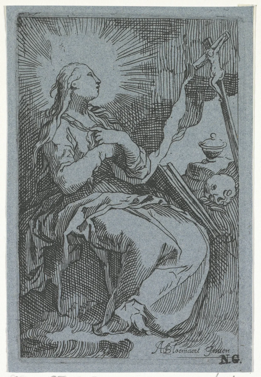 Boetvaardige Maria Magdalena in de grot voor crucifix by Boëtius Adamsz. Bolswert, print, 1610-1615