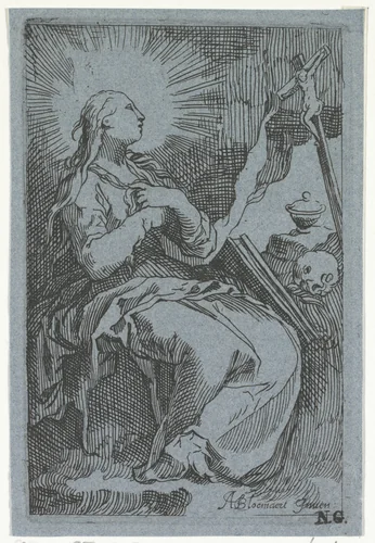 Boetvaardige Maria Magdalena in de grot voor crucifix by Boëtius Adamsz. Bolswert, print, 1610-1615