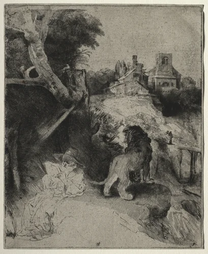St. Jerome Reading in an Italian Landscape by Rembrandt van Rijn, print, 1648-1658