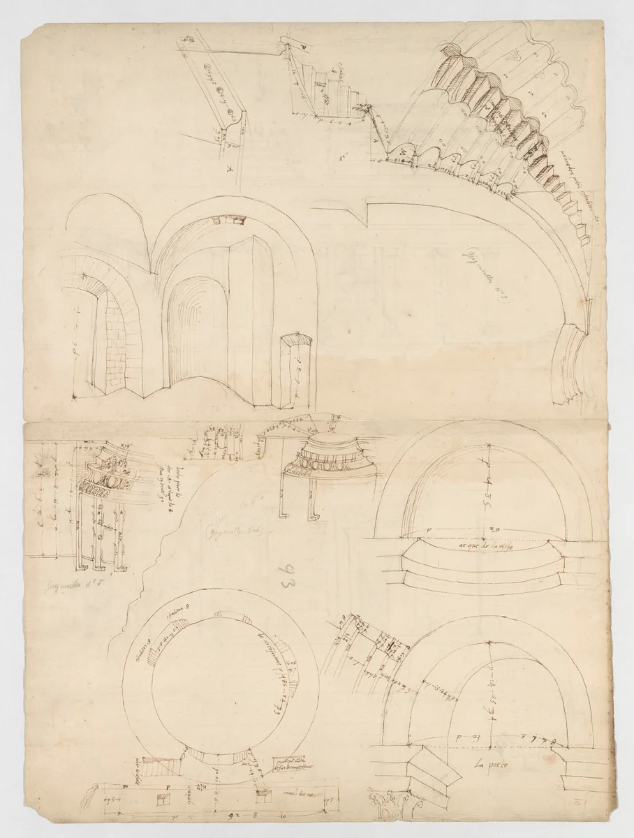 Pantheon, dome, section details; alcove, section and details (recto) Pantheon, rotonda, upper order, elevation and details (verso) by anonymous, drawing, 1500-1560