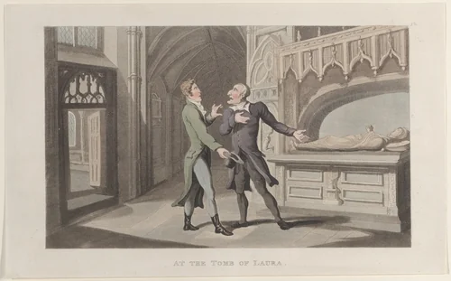At the Tomb of Laura, from "Journal of Sentimental Travels in the Southern Provinces of France, Shortly Before the Revolution" by Thomas Rowlandson, print, 1817-1821