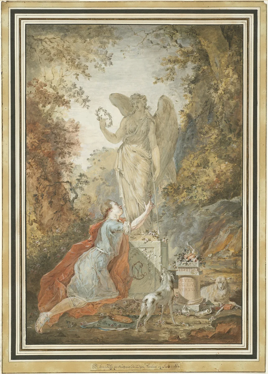 An Artist Adoring a Statue of Virtue by Claude Hoin, painting, 1783