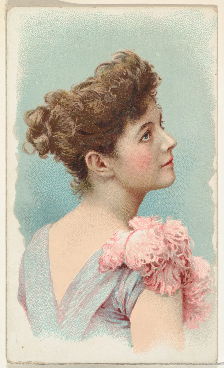 Actress in profile wearing pink feather on shoulder, from Stars of the Stage, First Series (N129) issued by W. Duke, Sons & Co. to promote Honest Long Cut Tobacco by W. Duke, Sons & Co., print, 1890