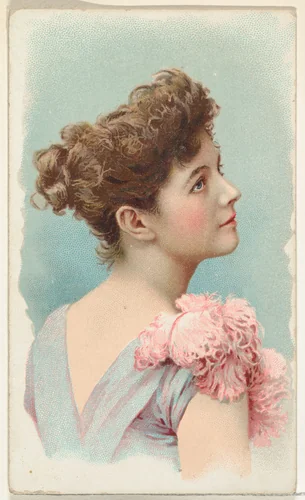 Actress in profile wearing pink feather on shoulder, from Stars of the Stage, First Series (N129) issued by W. Duke, Sons & Co. to promote Honest Long Cut Tobacco by W. Duke, Sons & Co., print, 1890