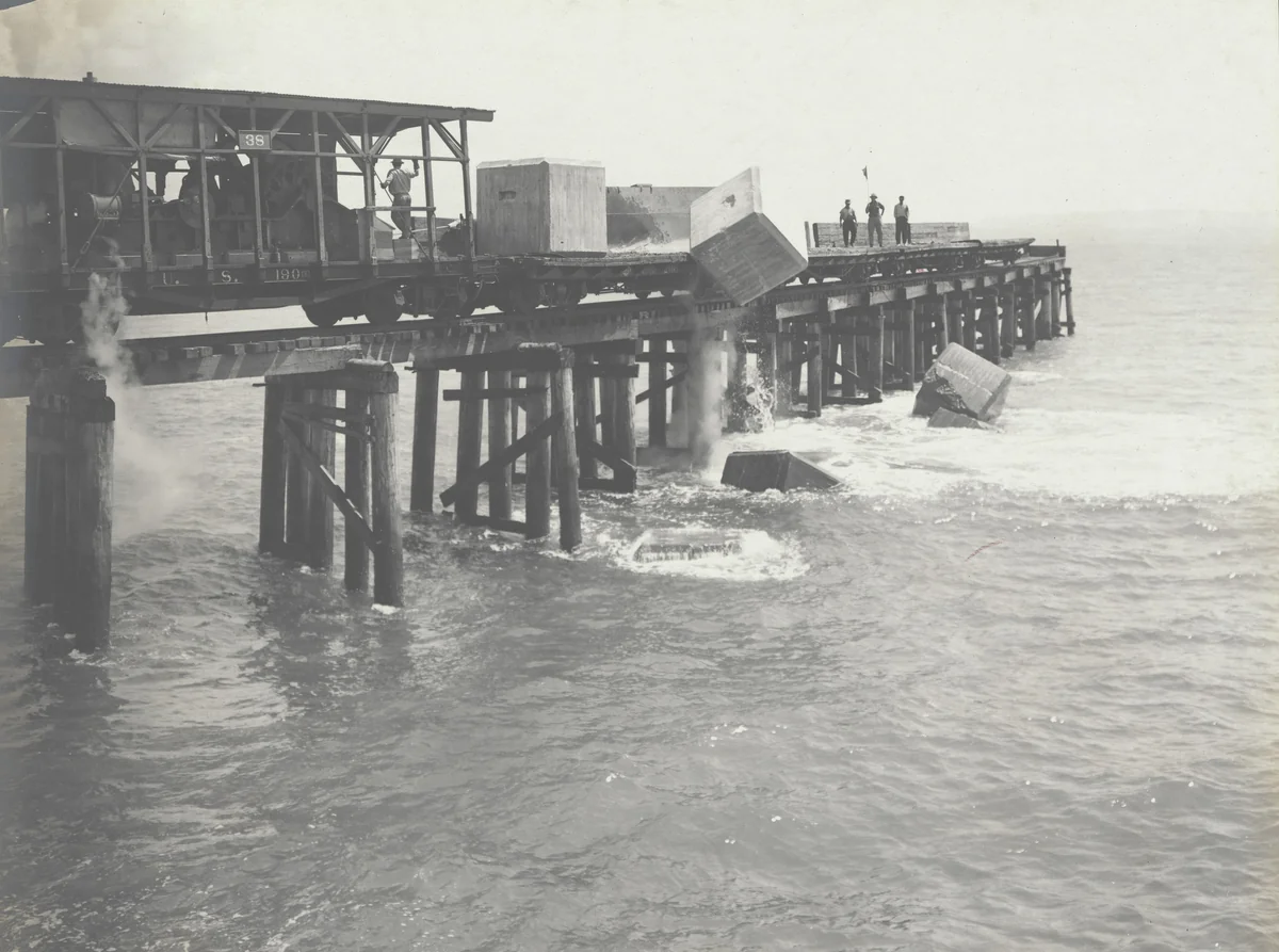 East Breakwater -- Limon Bay. Plowing 25 ton concrete blocks by Unidentified Photographer, photograph, 1916