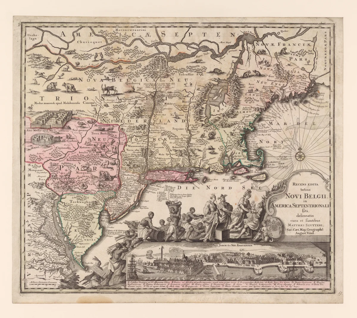 Recens Edita Totius Novi Belgii, in America Septentrionali [An Updated View of New Netherlands in North America] by Matthäus Seutter, print, 1730-1740