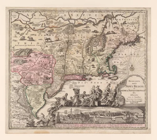 Recens Edita Totius Novi Belgii, in America Septentrionali [An Updated View of New Netherlands in North America] by Matthäus Seutter, print, 1730-1740
