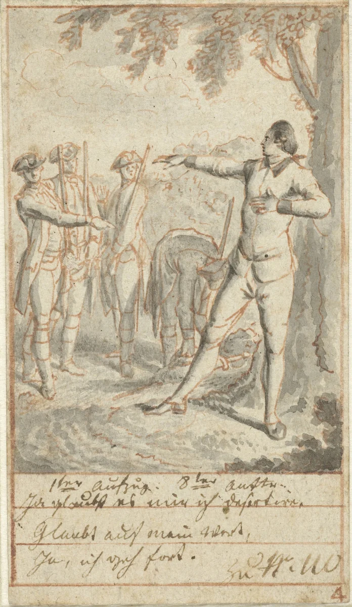 Alexis en brigadier Courchemin met soldaten bij lindeboom by Daniel Nikolaus Chodowiecki, drawing, 1770-1775