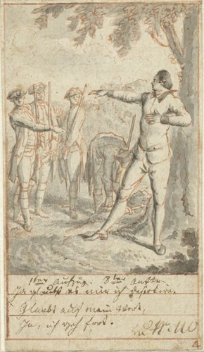 Alexis en brigadier Courchemin met soldaten bij lindeboom by Daniel Nikolaus Chodowiecki, drawing, 1770-1775
