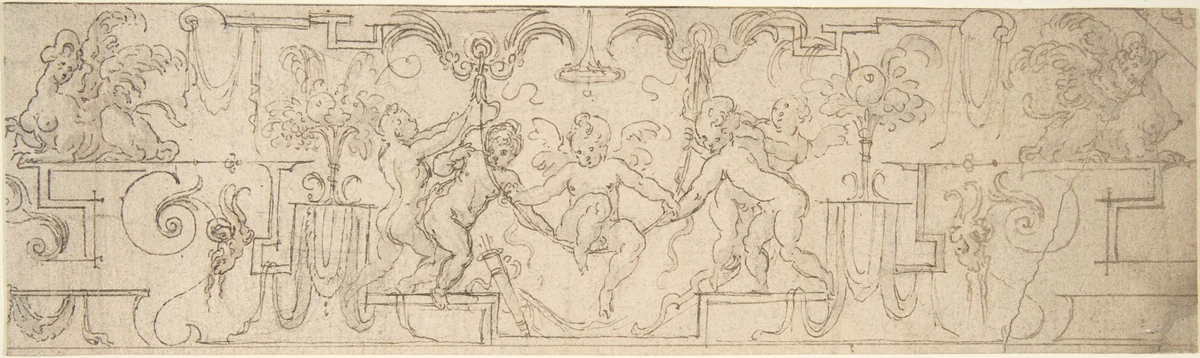 Decorative Frieze with Putti Playing on a Swing by anonymous, drawing, 1500-1599