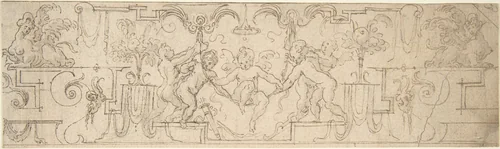 Decorative Frieze with Putti Playing on a Swing by anonymous, drawing, 1500-1599