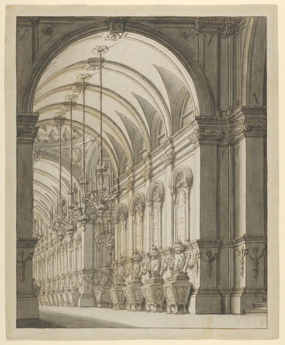 Vaulted Hall with Candelabra by Ferdinando Galli Bibiena, drawing, 1675-1743