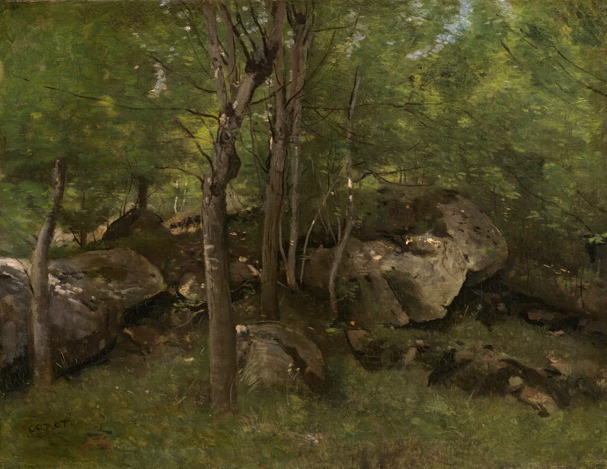 Rocks in the Forest of Fontainebleau by Jean-Baptiste-Camille Corot, painting, 1860-1865