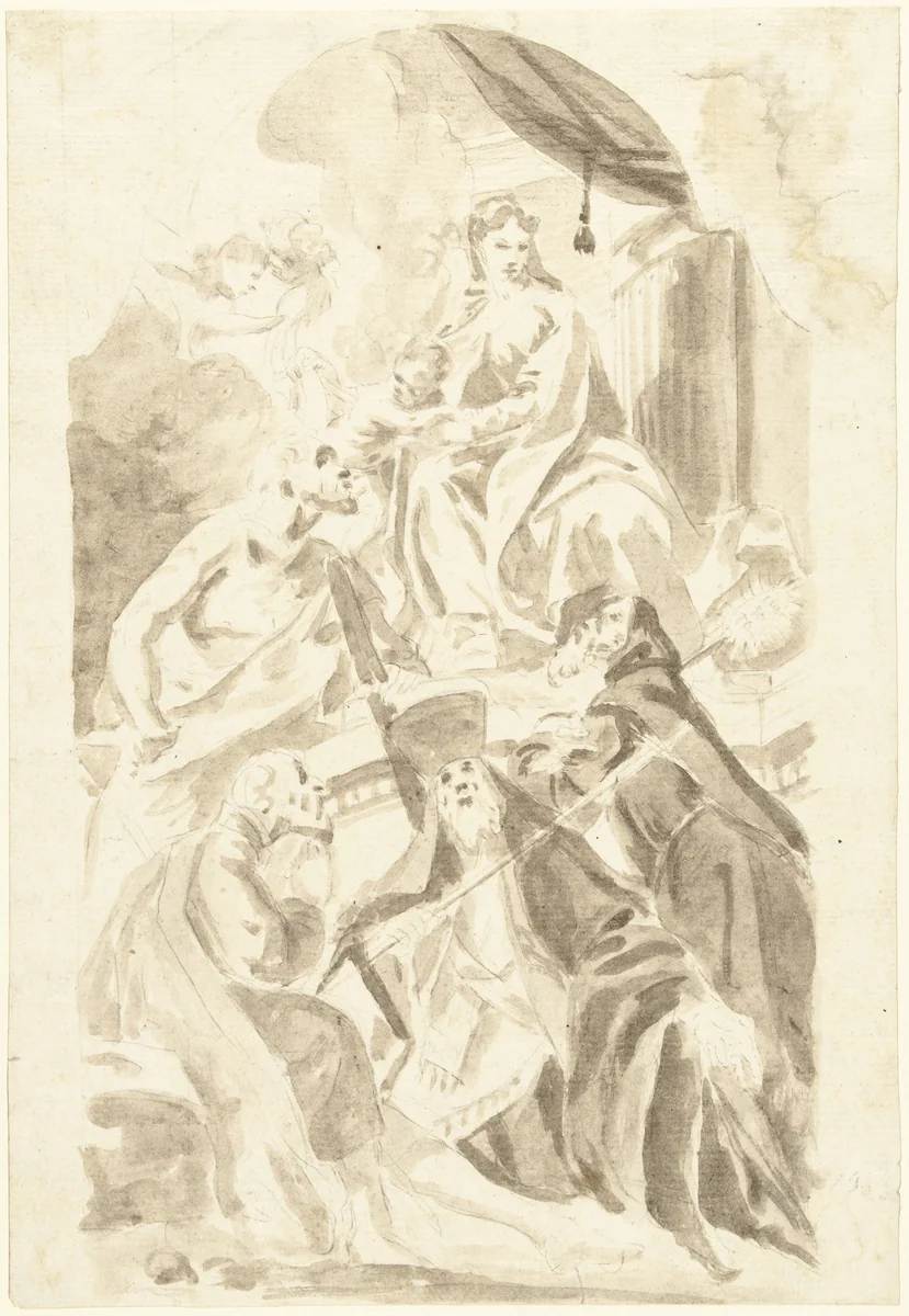 Maria met kind op een hoge troon, aan haar voeten verschillende mannelijke heiligen by anonymous, drawing, 1700-1800