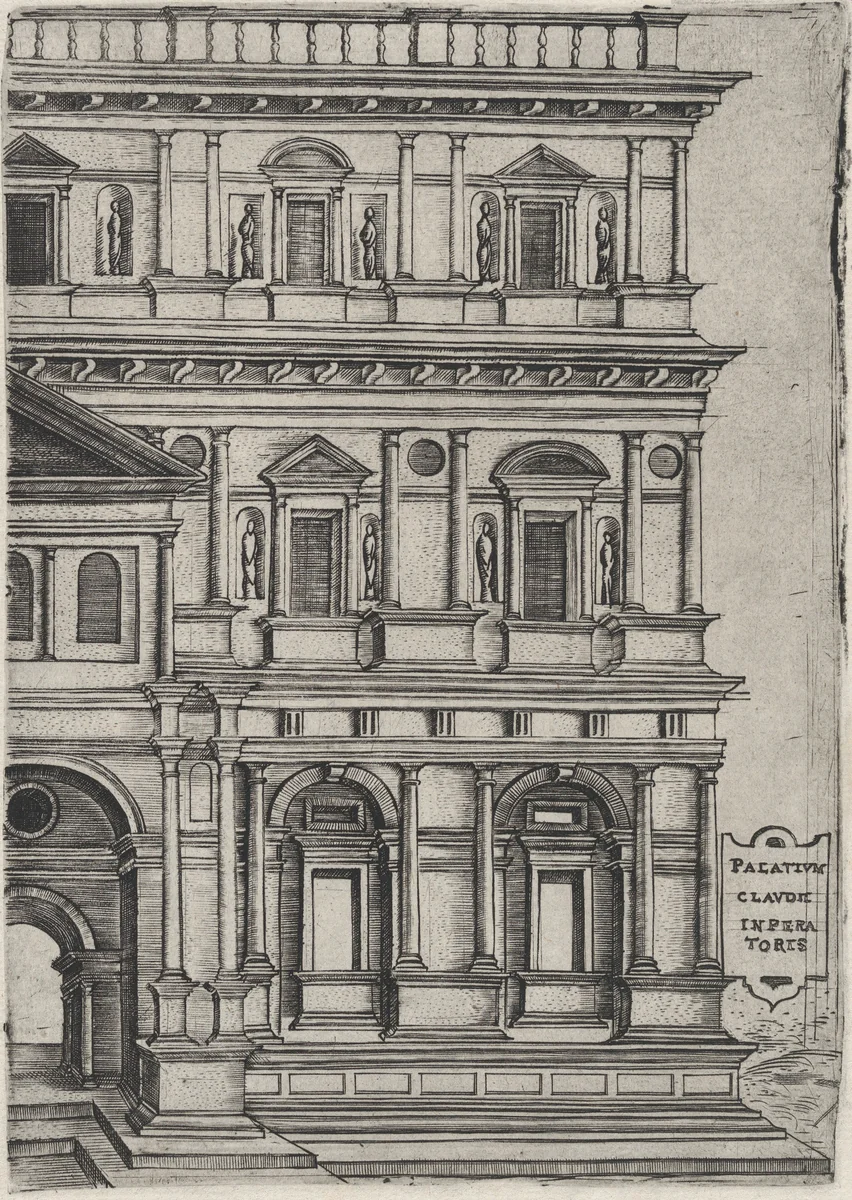 Palatium Claudie Imperatoris, from a Series of 24 Depicting (Reconstructed) Buildings from Roman Antiquity by anonymous, print, 1530-1550