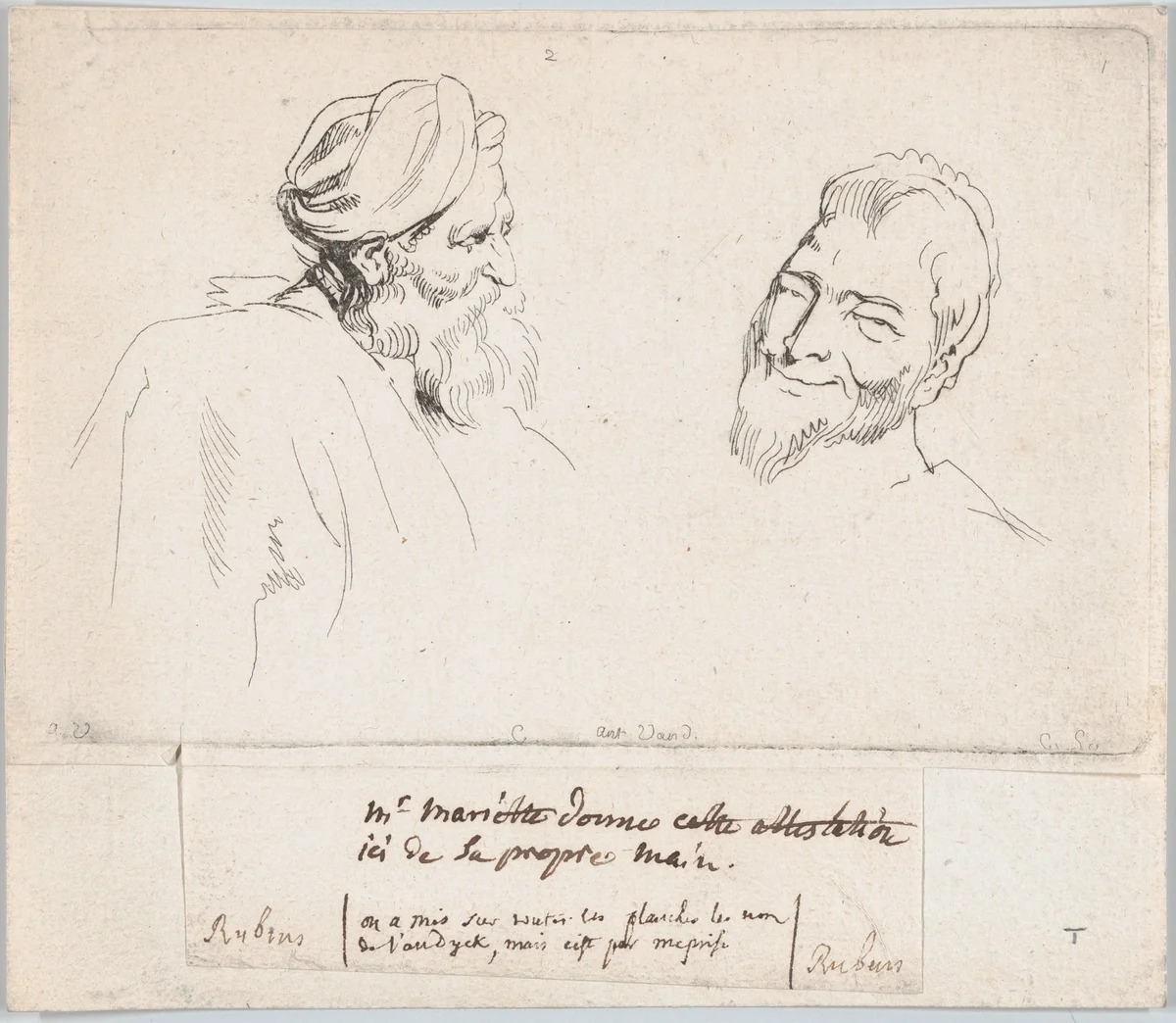 Two Studies of Heads by Anne Claude Philippe de Tubières, print, 1735