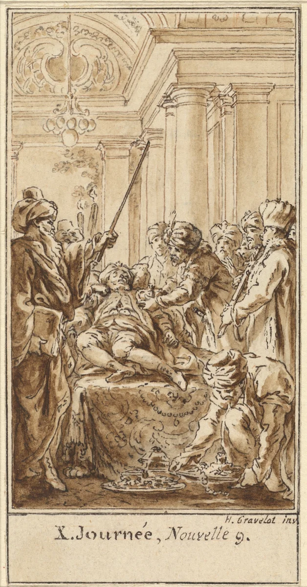 Tenth Day, Ninth Story: Saladin Bestows Rich Gifts on the Sleeping Torello by Hubert François Gravelot, drawing, 1757