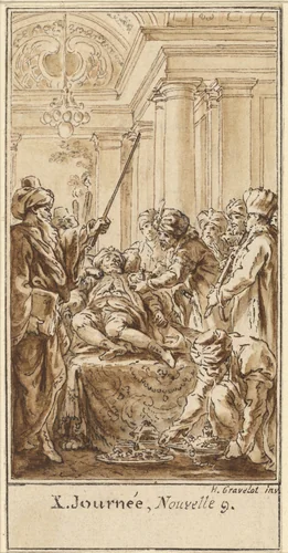 Tenth Day, Ninth Story: Saladin Bestows Rich Gifts on the Sleeping Torello by Hubert François Gravelot, drawing, 1757