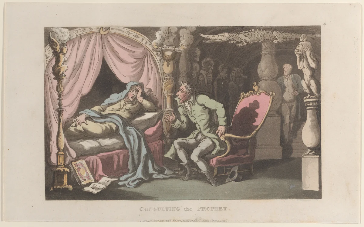 Consulting the Prophet, from "Journal of Sentimental Travels in the Southern Provinces of France, Shortly Before the Revolution" by Thomas Rowlandson, print, 1821