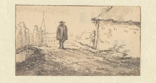 Man bij een brug voor een huis by Aarnout ter Himpel, drawing, 1644-1686
