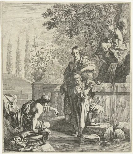 Vrouw met twee kinderen bij fontein by Dancker Danckerts, print, 1667