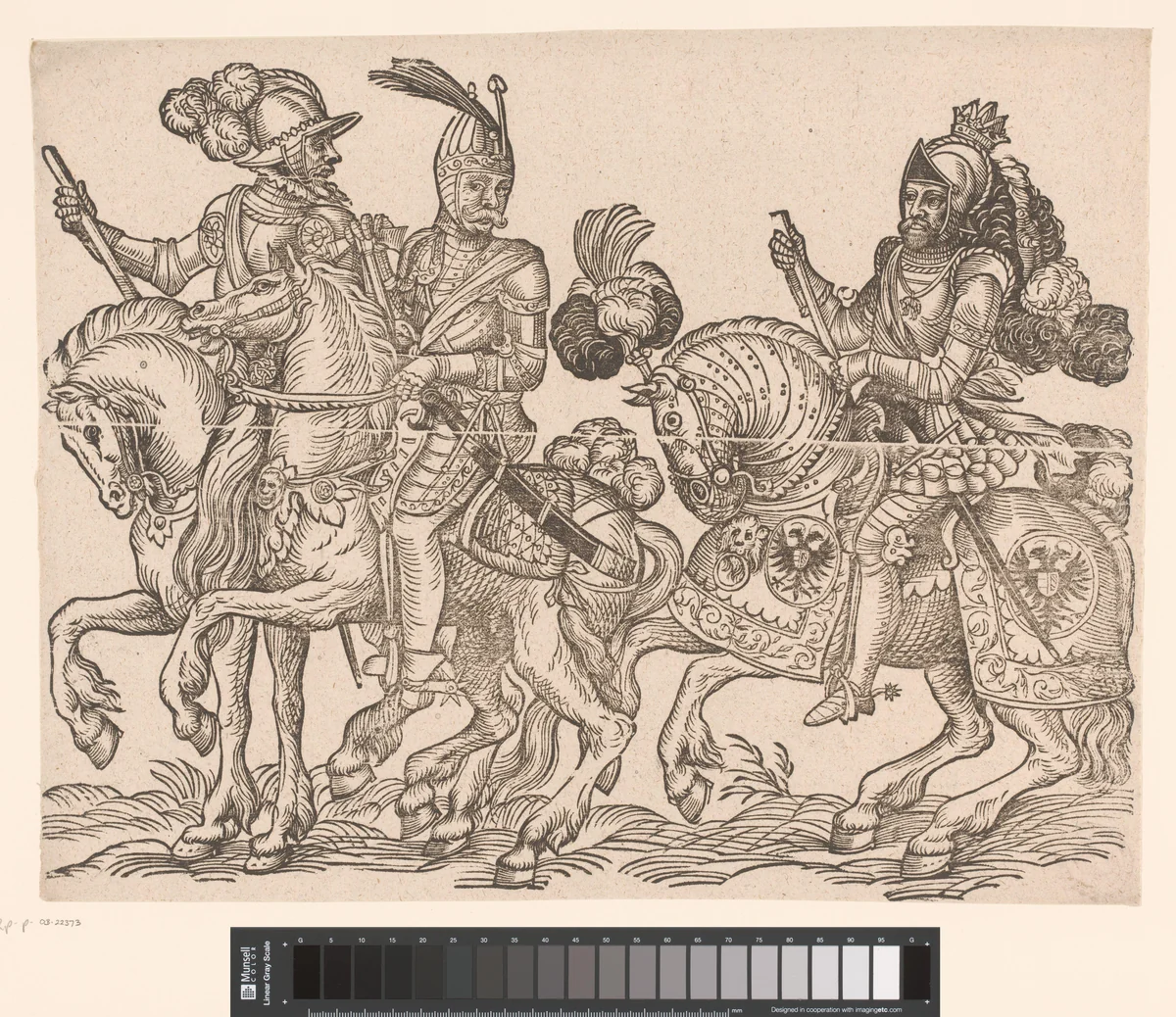 Drie ridders te paard by anonymous, print, 1500-1599
