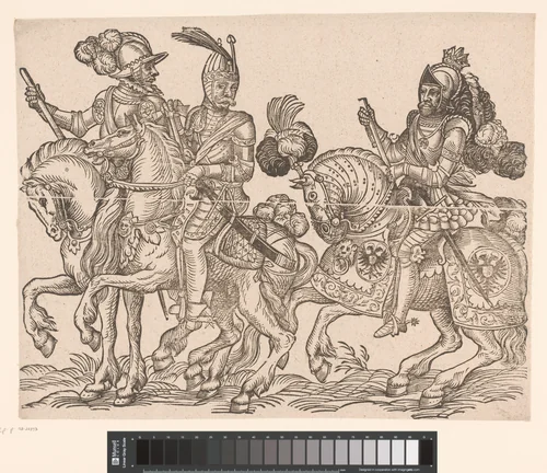 Drie ridders te paard by anonymous, print, 1500-1599