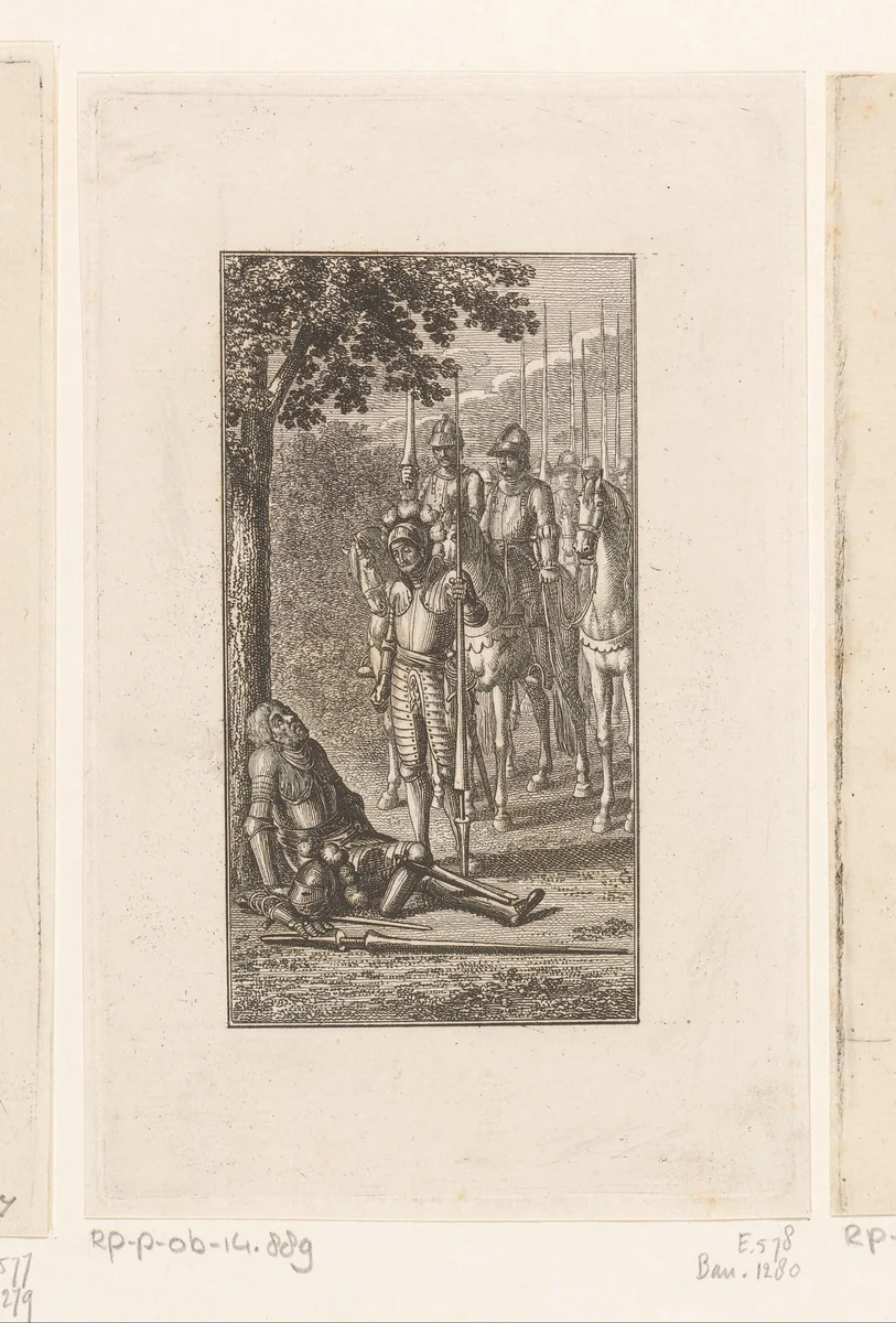 Götz, Georg en Lerse vinden Selbitz die verwond tegen een boom ligt by Daniel Nikolaus Chodowiecki, print, 1787