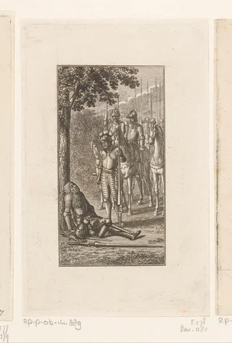 Götz, Georg en Lerse vinden Selbitz die verwond tegen een boom ligt by Daniel Nikolaus Chodowiecki, print, 1787