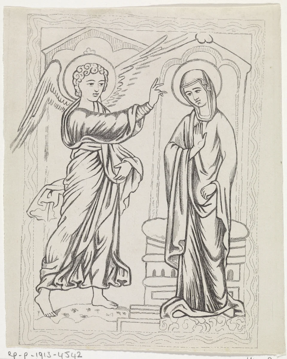 Annunciatie by Arnoud Schaepkens, print, 1831-1904