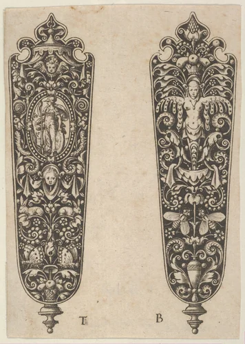 Design for Sword or Dagger Handles by Theodor de Bry, print, 1580-1600