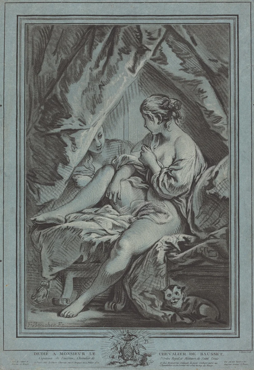 Young Woman Seated on a Bed by Louis-Marin Bonnet; François Boucher, print, 1767